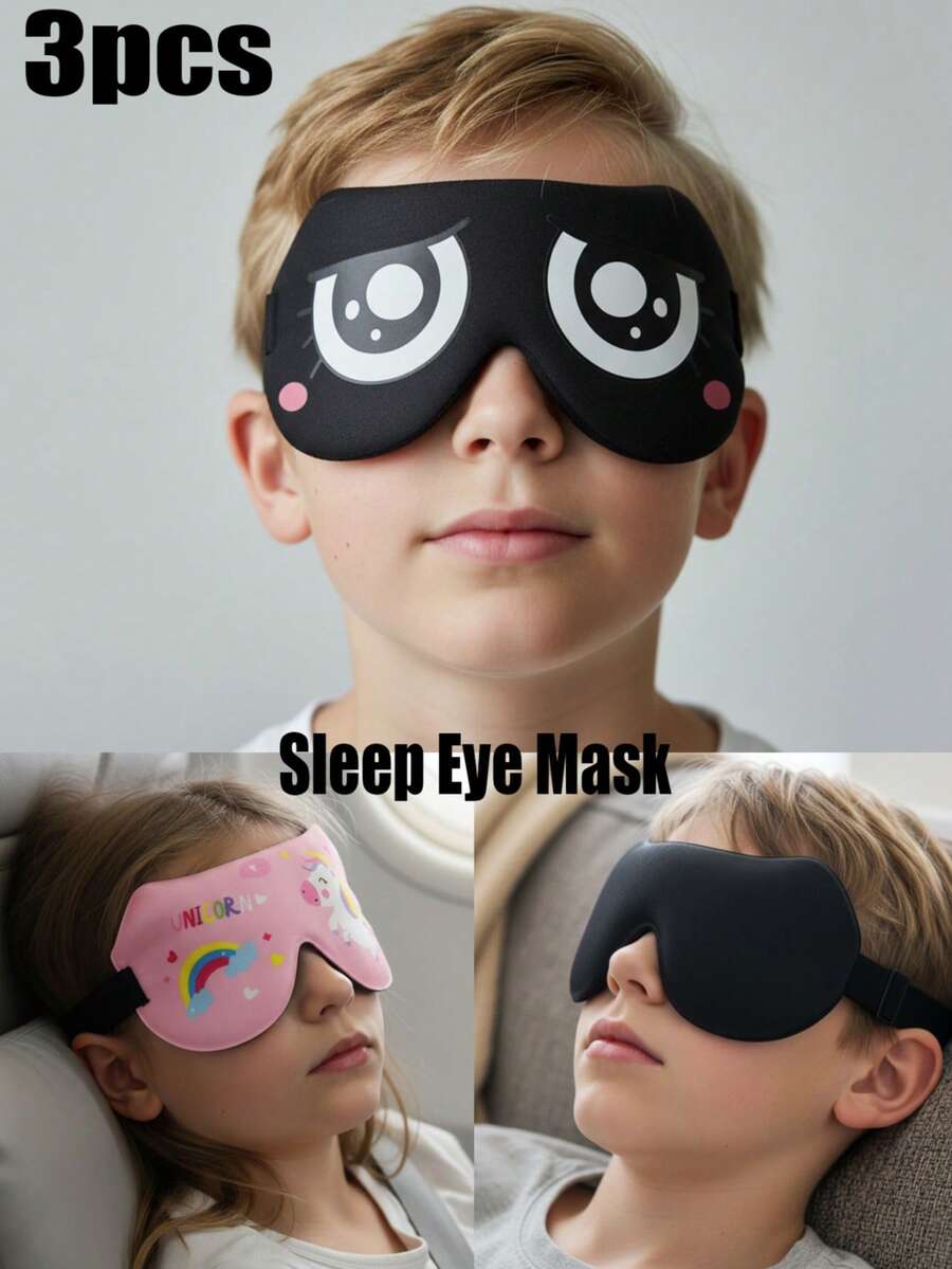 3件套独角兽印花睡眠眼罩，适合8岁以上儿童、青少年及成人，舒适3D立体贴合设计，无眼部压力，遮光眼罩，适合睡眠、小憩、旅行 - 彩色 - 查看 1