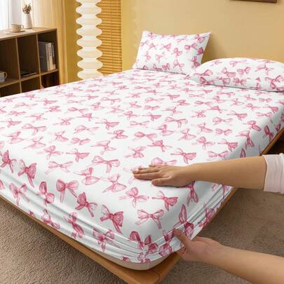 2/3件套粉色蝴蝶结床笠套装（1件床笠+1/2个枕套），甜美少女风床垫保护套，床垫罩，床单套装，柔软透气，适用于各种尺寸的床——单人床、双人床、特大号床、大号床，床笠深度可达11.8英寸，家用纺织品