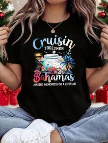 Women'S Cruisin TOGETHER 2026 Bahamas Tropical Cruise Ship Graphic T-Shirt - Vibrant Palm Tree & Turquoise Waters Print, Lightweight Breathable Fabric, Short Sleeve Crew Neck Casual Summer Top, Cruise T Shirt - 黑色 - 查看 1