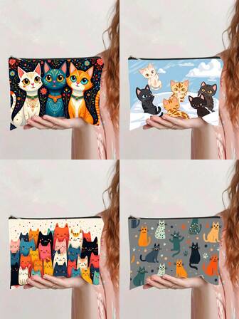 Bolsa de maquillaje con estampado de gato lindo - Bolsa de maquillaje plegable y ligera con cierre de cremallera resistente, diseño de arte de gato vibrante, bolsa de aseo portátil unisex para viajes, estuche de maquillaje compacto como regalo para familiares y amigos, estuche de maquillaje de viaje, diseño juguetón, construcción resistente, entusiastas de la belleza, accesorio divertido, amantes de la belleza, estuche de lápices, bolsa de cosméticos para mujeres, accesorio de viaje, bolsa de maquillaje, accesorio de limpieza para niñas