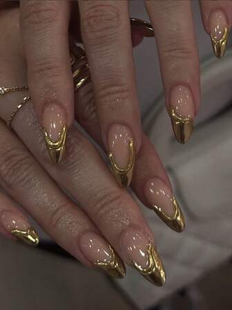 Juego de 24 uñas postizas en forma de almendra francesas doradas 3D con efecto de lujo, incluye esmalte de gel y lima de uñas, arte de uñas adecuado para niñas y mujeres para uso diario, al aire para fiestas