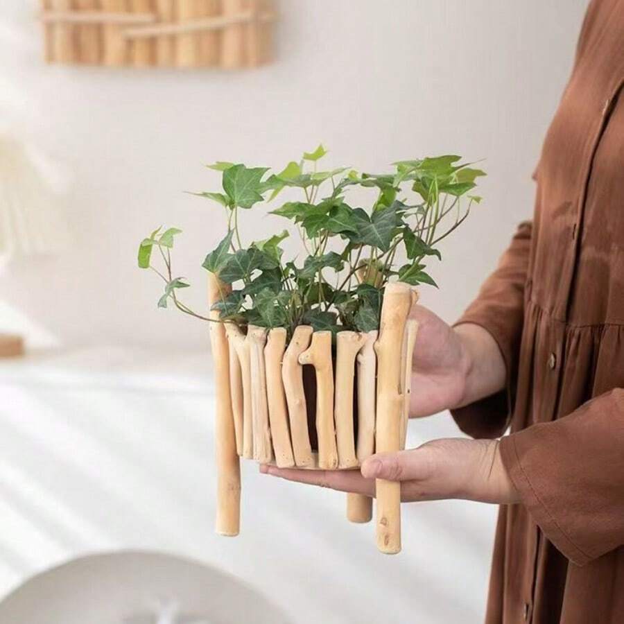 Woodwork Flower Arranging Container Flowerpot, Which Can Be Used For Table Decoration, And Is A Water-Raised Flowerpot With A Glass Inner Basin. - Multicolor - View 1