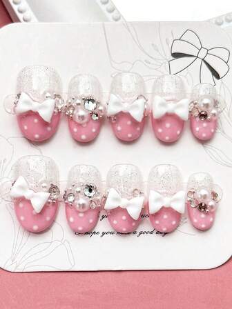 10pcs Pack Of Short Oval Handmade Nail Stickers, Featuring French-Style Pearl And Gemstone Rhinestones Paired With A 3D White Bow, Fine Glitter, Pink French Polka Dot Nail Stickers, French Nail Stickers, Shimmering False Nails, Easy To Apply.