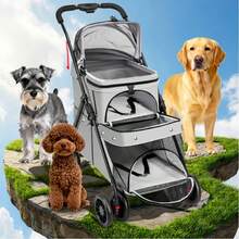 Cochecito Doble Capa para Perros y Gatos con Plataformas Superior e Inferior, Transportador Plegable Ligero, Amplio Almacenamiento Múltiple, Malla Transpirable para Exteriores, Visitas al Veterinario, Compras - para Mascotas Pequeñas/Medianas - Plateado - Ver 2