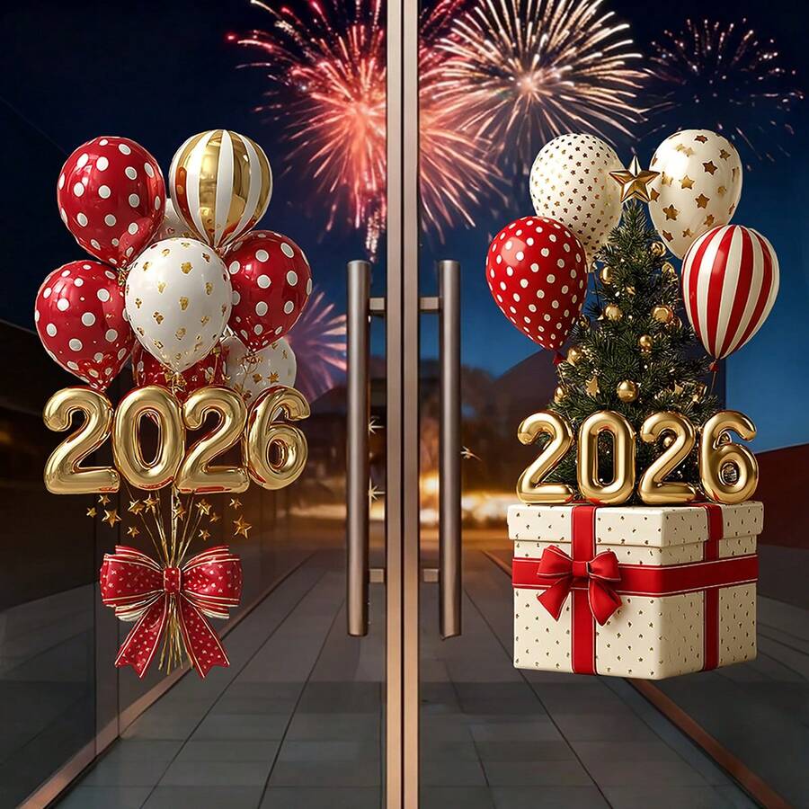 2026年新年用ウィンドウステッカー バルーンリボン ガラス窓ドア壁ホームホリデーデコレーション - ホワイト - チェックする 1
