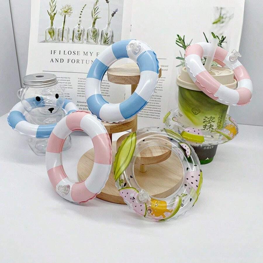 1个充气西瓜迷你游泳圈，冰淇淋杯架，奶茶杯底座，冰淇淋架，小型游泳圈玩具