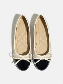 女士时尚平底鞋，撞色圆头蝴蝶结装饰甜美芭蕾舞鞋，百搭法式风格，舒适轻便