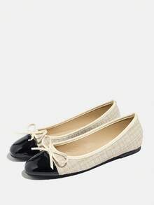女士时尚平底鞋，撞色圆头蝴蝶结装饰甜美芭蕾舞鞋，百搭法式风格，舒适轻便