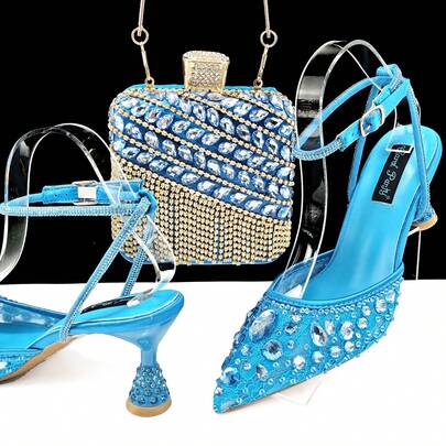Conjunto de lujo QueenYan con cristales para fiestas - Tacones altos de punta con bolso de noche con adornos de strass, detalles hechos a mano con cristales, ideal para novia, dama de honor, ocasiones de gala para exudar una presencia elegante