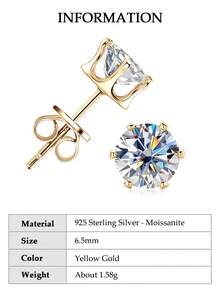 XUJIA 一对925纯银皇冠六爪莫桑石耳钉，3毫米/4毫米/5毫米/6.5毫米/8毫米/9毫米经典圆形D色VVS1净度宝石，金色，珠宝礼品