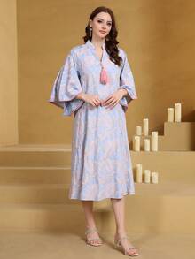 2026 New Style Ramadan Traditional Elegant Embroidered Arabic Women's Dress, JALABIA With Tassel Belt, Flared Sleeve, V-Neck - Baby Blue - View 8