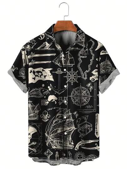 Men's Pirate Ship & Treasure Map Print Casual Shirt - Black & White Nautical Design Short Sleeve Button-Up, Lightweight Breathable Fabric For Summer Outdoor Beach Parties & Streetwear, Beach Party Attire |   Relaxed Fit Shirt |   Graphic Casualwear, Pirate Accessories