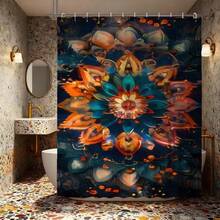 1 pieza Cortina de ducha con patrón de mandala floral iridiscente, diseño reflectante azul y naranja, decoración de baño soñadora, cortina de ducha impermeable de poliéster con ganchos - Multicolor - Ver 8