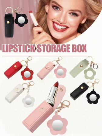 1pc Mini Flower Lipstick Case With Mirror, Portable PU Leather Keychain Lipstick Holder - Pink/Pink Makeup Bag Cosmetic Storage Box Lipstick Holder, Thanksgiving Gift For Girls, Women, Moms, Lipstick Bag, Women's Gift, Girl's Gift, Girlfriend Gift.