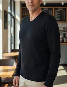 Men's Cold Weather Blouse | Men's Knitted Sweater | Winter Knitted Wool Pullover Long Sleeve V-Neck - 黑色 - 查看 6
