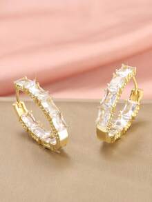 1 Pair Fashionable Copper Zirconia Hollow Geometric Circle Earrings, Minimalist & Versatile, Gift For Women Birthday/Date - Multicolor - View 14