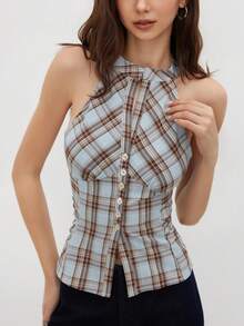 Stand Collar Plaid Ruched Crop Top Summer - Baby Blue - View 8