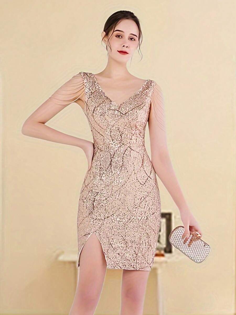 V 领无袖短款装饰亮片和串珠链装饰连衣裙，带开衩下摆，女士正式舞会礼服优雅鸡尾酒半正式婚礼宾客礼服，适合生日、毕业典礼、晚宴、返校节派对礼服