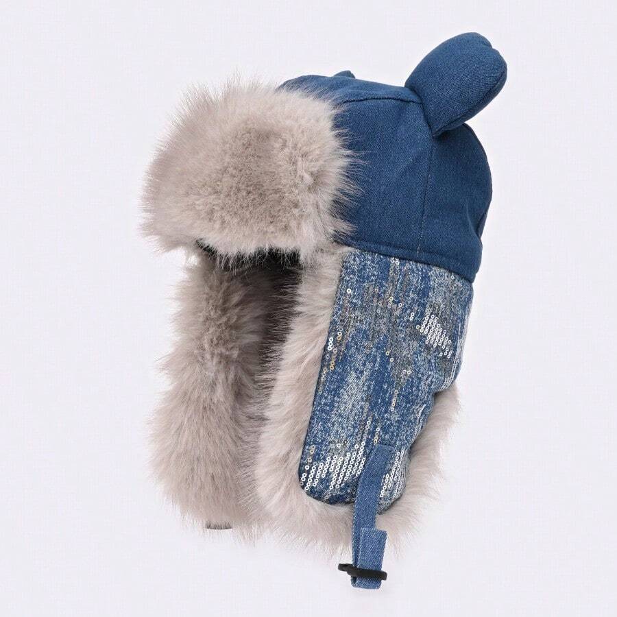Big Ears Cute Lei Feng Hat Women's Winter Thickened Plush Sequined Denim Cotton Hat Cycling Cold Hat - 彩色 - 查看 1