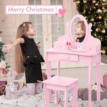 Juego de Cambiador para Niñas con Espejo Ajustable, Mesa y Silla de Madera con Juego de Maquillaje para Juego de Rol - Rosa - Ver 5