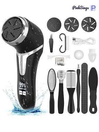 PinkSings Elektrischer Hornhautentferner für Füße mit Vakuum, professionelles Pediküre-Werkzeug-Set, wiederaufladbarer wasserdichter Fußfeile für Fußpflege zur Entfernung von Hornhaut mit 3 Köpfen & 2 Geschwindigkeiten, LCD-Anzeige