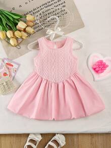 1pc Girls/Toddlers Pink Round Neck Jacquard Knit Patchwork A-Line Lantern Hem Dress, Sweet & Cute, Suitable For Spring/Summer, Festivals, Parties, Activities And Playtime - Pink - View 2