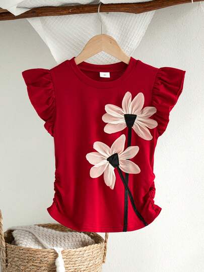 Girls' Casual Sleeveless Top With 3D Floral Decor, Solid Color, Summer