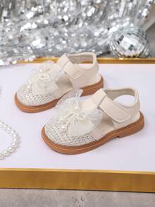 儿童时尚百搭镂空休闲凉鞋，女童蝴蝶结可爱幼儿凉鞋，包头公主凉鞋 - 米色 - 查看 6