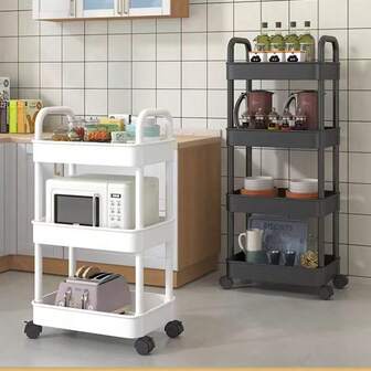 三层滚动储物推车 - 多功能塑料置物架，适用于浴室、厨房和卧室 - 非常适合存放零食、水果、玩具等，配有实用挂钩