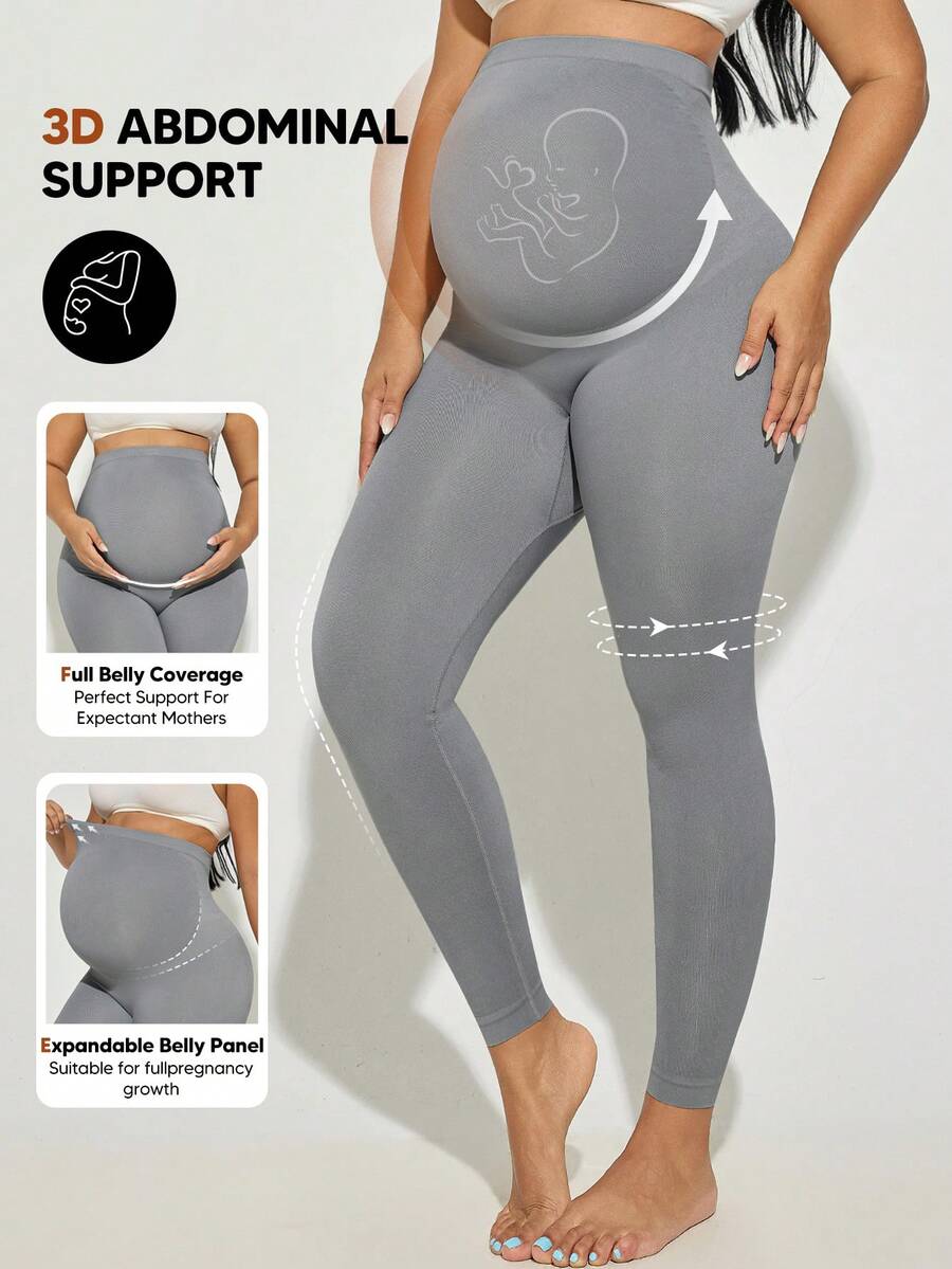 Maternity Solid Color High Elasticity Belly Support Leggings - Grey - View 1