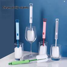 二合一海绵瓶刷，长柄软海绵杯刷，可替换海绵头，可拆卸清洁头，瓶杯清洁工具，厨房清洁配件，便携式手动操作，柔和色调，符合人体工学的纹理手柄，适用于家庭厨房清洁杯子、瓶子、马克杯、咖啡杯、酒杯，去除污渍