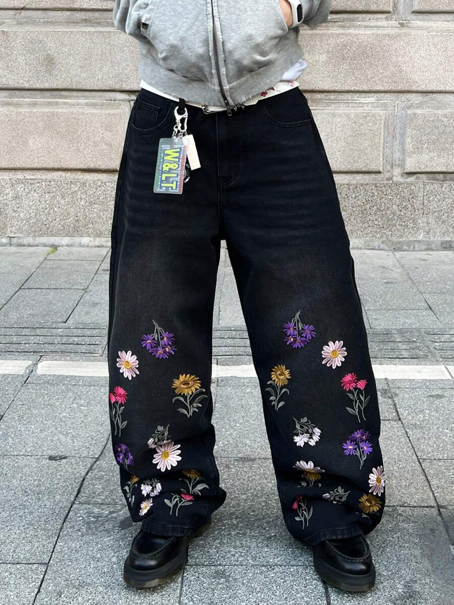 Infinite Jeans 1pc Celana Jeans Pria Gaya Jalanan Amerika Fashion Bordir Kaki Lebar Longgar Nyaman Serbaguna untuk Semua Musim (Produk Tidak Termasuk Sabuk dan Aksesoris) - Hitam - View 1