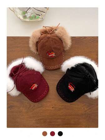 1顶软顶保暖防风灯芯绒护耳棒球帽，复古刺绣情侣棒球帽，贴布刺绣时尚街头风后扣棒球帽，美国字母刺绣软顶弯檐棒球帽，秋冬季保暖护耳