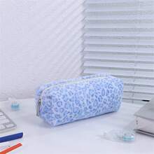 Plush Leopard Print Pencil Case, High-Quality Soft Cosmetic Bag, Large Capacity Student Stationery Box - Multicolor - View 8