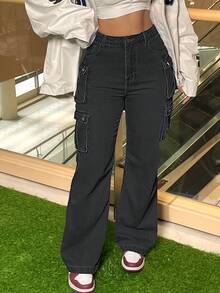 Women's Plus Size Loose Jeans Street Fashion Multi-Pocket Flared Hem, Office Non-Stretch Ladies Daily Wear. - 黑色 - 查看 3