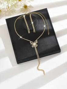 Elegant Long Tassel Jewelry Set, Lovely Bow Tie Necklace And Earrings, Suitable For Valentine's Day Wear And Gift, Party And Banquet Wear - Silver - View 8