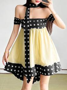 女士波点拼接露肩露背波西米亚风约会迷你连衣裙 - 黑色 - 查看 3