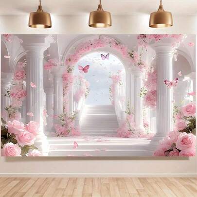 2D Flat Banner 1pc Pink Rose Arch And Column Party Backdrop - Elegant Polyester Banner With Butterflies And Vines, Suitable For Home, Room Or Wall Decor, Perfect For Weddings, Events And Photo Props
