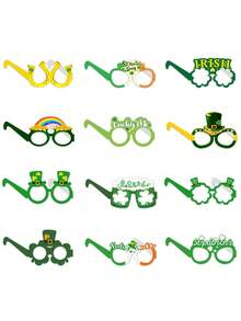 18/6件装圣帕特里克节幸运元素装饰玻璃杯，圣帕特里克节主题，多种风格混搭设计，装饰效果强，纸质材质，节日趣味风格，主色调为绿色和黄色，饰有三叶草马蹄铁和爱尔兰元素图案，装饰玻璃杯设计 - 彩色 - 查看 5