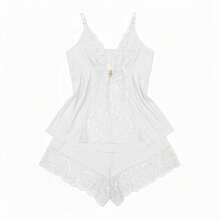 Pijama Conjunto Baby Doll Com Renda Bicolor Microfibra Sexy Grazi marca DNA - Branco - Visão 3