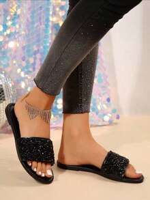 2026 New Women's Slippers, Square Heel Flat Round Toe, Rhinestone & Pearl Decor, Plus Size, Lightweight Luxurious Casual Non-Slip Sandals, Versatile - Black - View 2