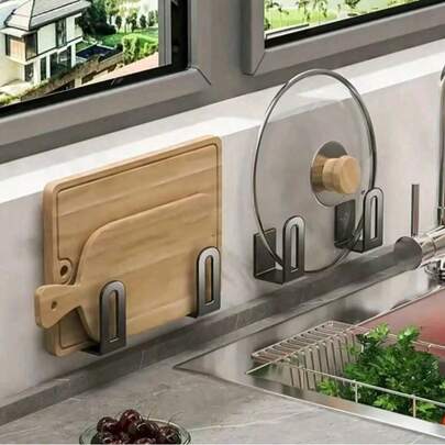 2/4pcs No Drill Wall Mounted Pot Lid Rack | Carbon Steel Material, Universal Kitchen Pot Lid Rack + Cutting Board Storage Rack + Kitchen Utensil Rack / No Drill Cabinet Lid Storage Rack, Fits 6 To 13.5 Inch Pot Lids, Please Refer To Installation Guide / Router Storage Rack + Power Outlet Holder | Multifunctional Home WiFi Storage Rack, TV Box/Fiber Optic Modem Holder | Kitchen Pot Lid Rack + Cutting Board Storage Rack +