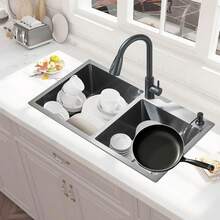 Tarjas Para Cocina Acero Inoxidable,Fregadero De Cocina de Doble Tazón, 80 * 45 * 21cm Fregadero De Barra con Grifo y Escurridor de Platos,con Dispensador de jabón, para Baño, Cocina, Bar - Negro mate - Doble ranura - Ver 9