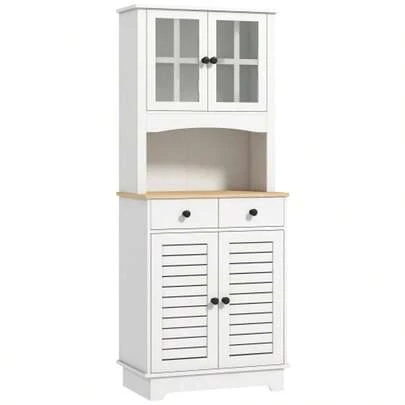 Kitchen Cabinet With Glass Doors, 2 Drawers, China Cabinet, Dining Room Cabinet, Wood, 68 X 39.5 X 170 Cm, White