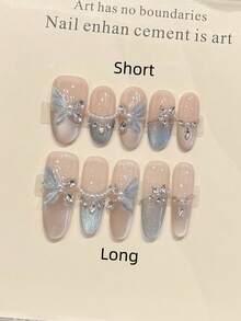 10 miếng dán móng tay acrylic hình oval thủ công, có kiểu ngắn và dài, màu hồng nhạt, kiểu móng tay Pháp mắt mèo xanh bóng, họa tiết bướm vẽ tay, đính đá lớn, ngọc trai giả và dây xích, sang trọng, hiện đại, thanh lịch, tối giản cho mùa thu, miếng dán móng tay mùa thu, móng giả, móng tay ngày lễ, phù hợp cho tiệc tùng, đi chơi hàng ngày và hẹn hò, phong cách bãi biển & kỳ nghỉ nhiệt đới, tự làm móng, quà tặng lý tưởng cho phụ nữ và bé gái, dụng cụ làm móng thủ công, móng dán. - Màu xanh lam - Xem 1