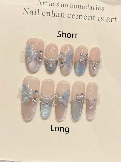 10pcs Handmade Oval Acrylic Nail Art Stickers, Short & Long Styles Available, Soft Pink Nails, Shiny Blue Cat Eye French Manicure, Hand-Painted Butterfly Design, Embedded With Large Rhinestones, Faux Pearls And Chains, Luxurious, Avant-Garde, Elegant, Minimalist Autumn Nails, Autumn Nail Stickers, False Nails, Holiday Nails, Suitable For Party, Daily Wear And Dates, Beach & Tropical Vacation Style, DIY Nails, Ideal Gift For Women And Girls, Nail Art Supplies Handmade Press On Nails
