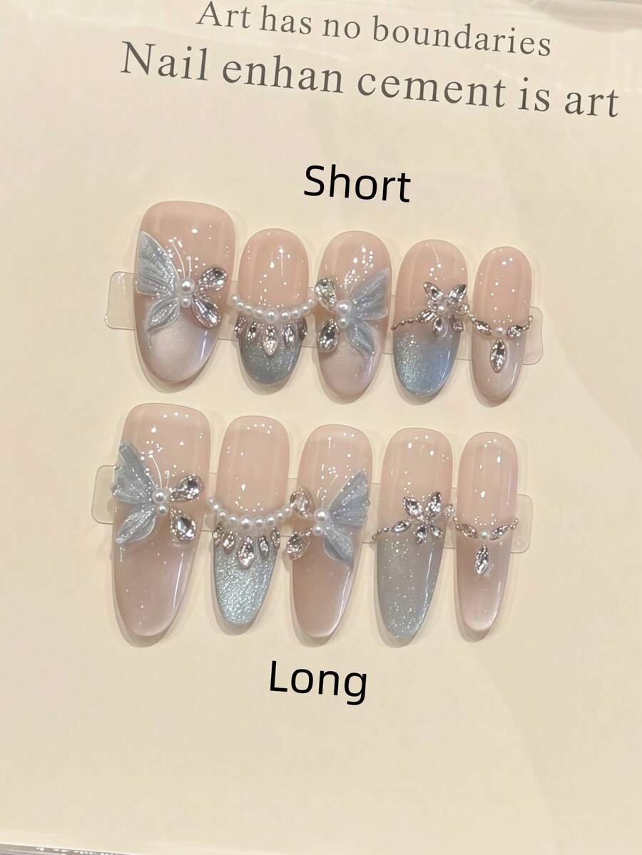 10 miếng dán móng tay acrylic hình oval thủ công, có kiểu ngắn và dài, màu hồng nhạt, kiểu móng tay Pháp mắt mèo xanh bóng, họa tiết bướm vẽ tay, đính đá lớn, ngọc trai giả và dây xích, sang trọng, hiện đại, thanh lịch, tối giản cho mùa thu, miếng dán móng tay mùa thu, móng giả, móng tay ngày lễ, phù hợp cho tiệc tùng, đi chơi hàng ngày và hẹn hò, phong cách bãi biển & kỳ nghỉ nhiệt đới, tự làm móng, quà tặng lý tưởng cho phụ nữ và bé gái, dụng cụ làm móng thủ công, móng dán. - Màu xanh lam - Xem 1