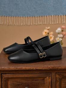 女士时尚方头黑色玛丽珍鞋，黑色工作鞋，适合日常通勤、办公室、派对、约会等场合，休闲百搭平底鞋，配有双带和搭扣。 - 黑色 - 查看 4