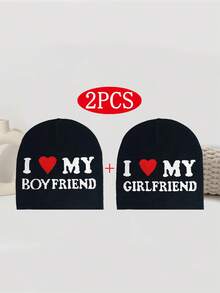 情侣针织帽，情人节礼物，“我爱我的男朋友/女朋友”提花针织帽，秋冬户外骑行帽，男女通用保暖滑雪帽，Y2K时尚街头风针织帽，美观的新款度假装扮 - 情侶帽 - 查看 1