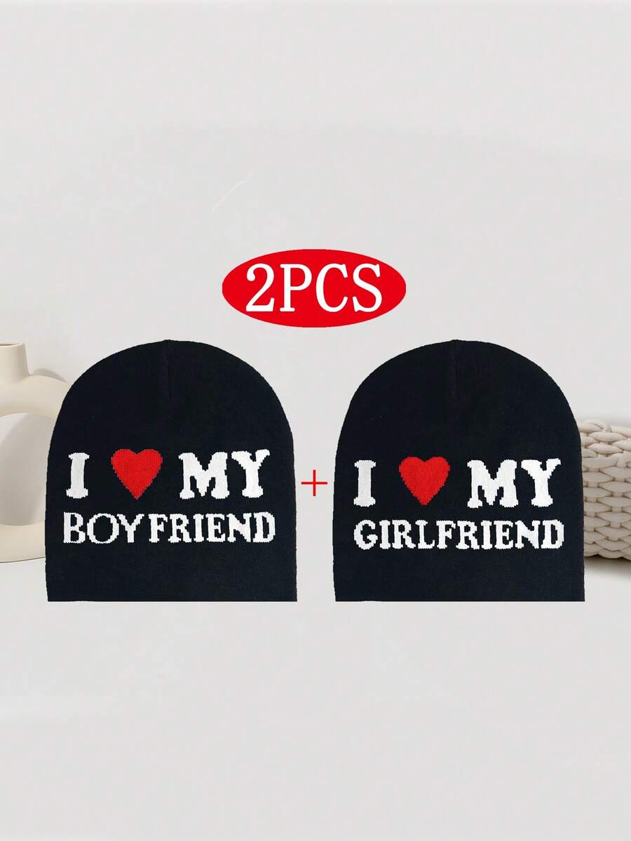 情侣针织帽，情人节礼物，“我爱我的男朋友/女朋友”提花针织帽，秋冬户外骑行帽，男女通用保暖滑雪帽，Y2K时尚街头风针织帽，美观的新款度假装扮 - 情侶帽 - 查看 1